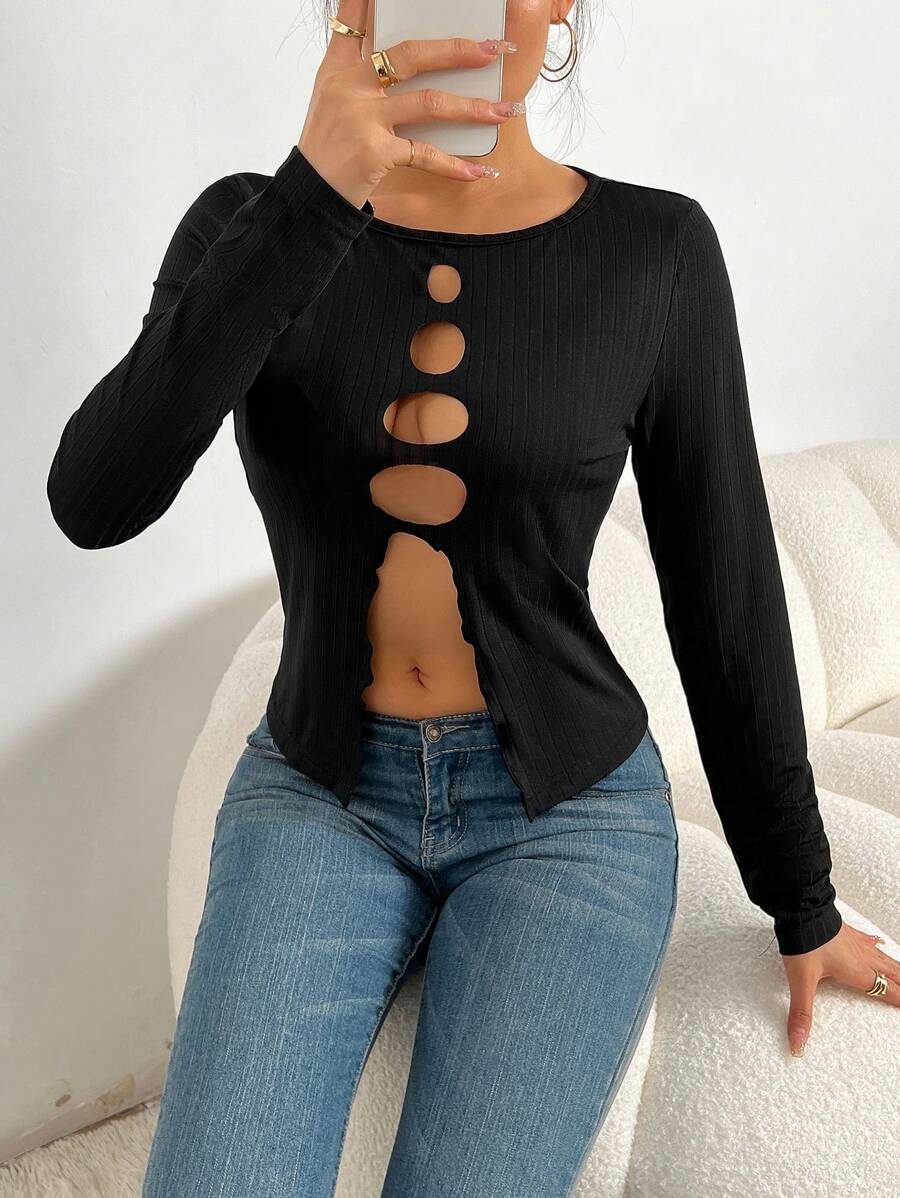 Zolique 針織空心t恤,具有良好的設計感 - 黑色 - 查看 1