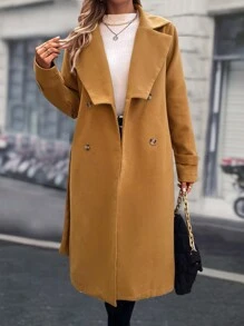 SHEIN LUNE Turn-down Collar Double Breasted Coat With Belt - Khaki - View 3