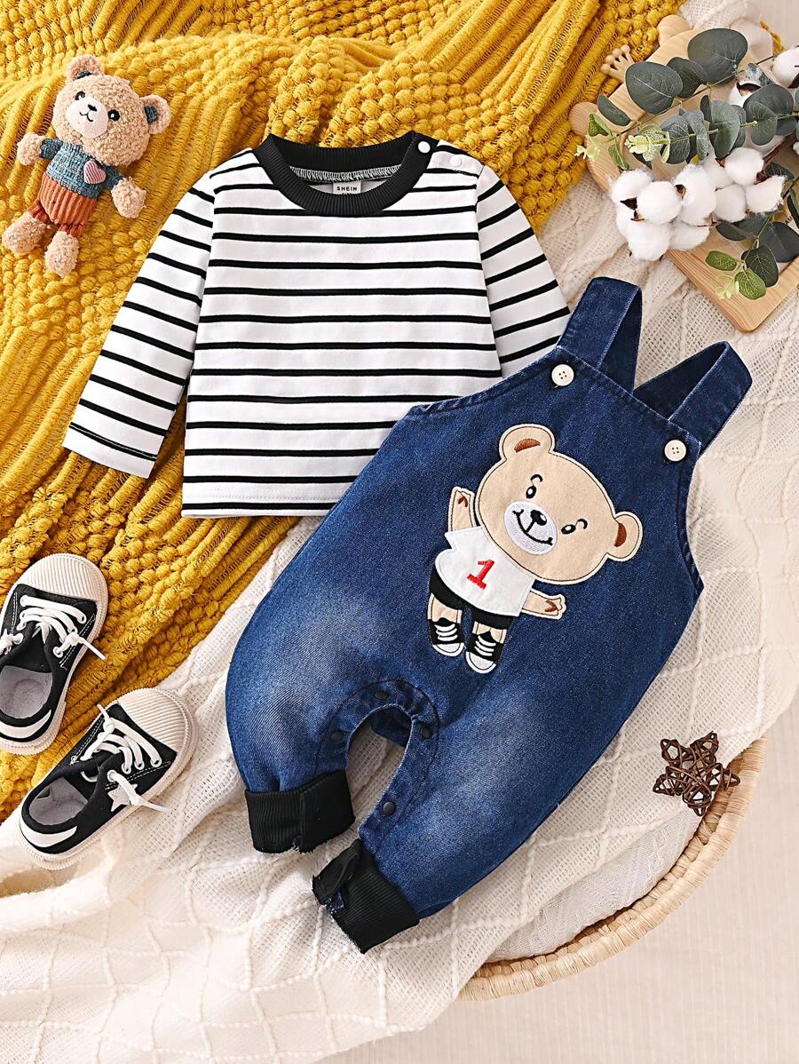 Baby Boy's Striped Long-sleeved T-shirt And Cartoon Embroidered Denim ...