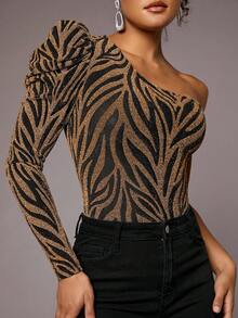 SHEIN BAE 女一肩羊袖斑馬條紋連身衣 - 金色 - 查看 5