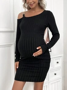 SHEIN Thai sản Bất đối xứng Vòng cổ Sọc Thon gọn Váy bodycon - màu đen - Xem 3