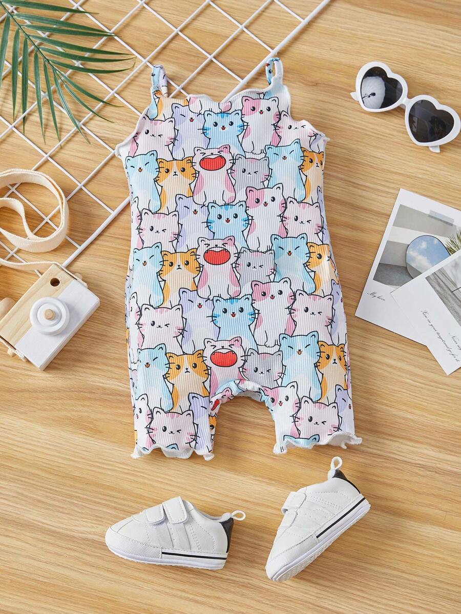 SHEIN Baby Girls' Casual Cute Cat Pattern Sleeveless Romper - Multicolor - View 1