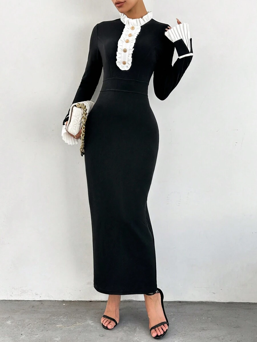 SHEIN Privé 荷葉邊拼色連身裙 - 黑色 - 查看 1