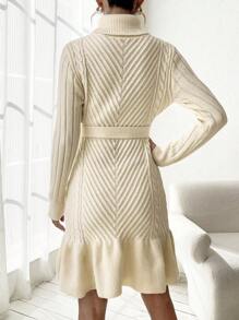 Chiquease 女性純色高領荷葉邊毛衣連衣裙