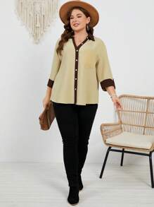 EMERY ROSE Women's Plus Size Color Block Button Down Shirt With Attached Pockets And Rolled Sleeves - Apricot - View 5