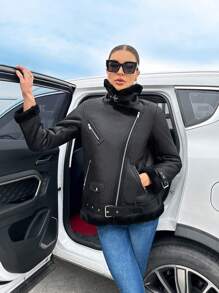 SHEIN Essnce 女式翻領機車夾克 - 黑色 - 查看 3