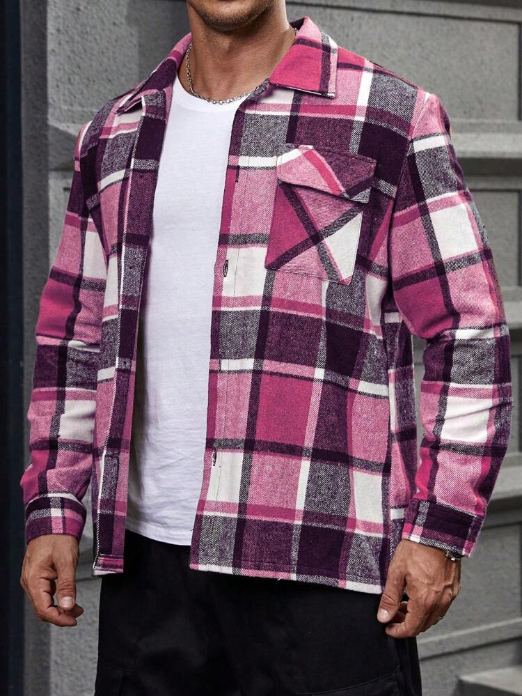 Men's Plus Size Checked Patch Pocket Button Front Jacket