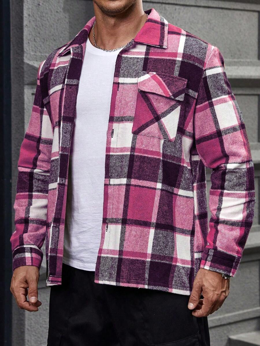 Extended Sizes Chaqueta Delantera Con Botones Y Bolsillo Con Parche A Cuadros De Talla Grande Para Hombre - Multicolor - Ver 1
