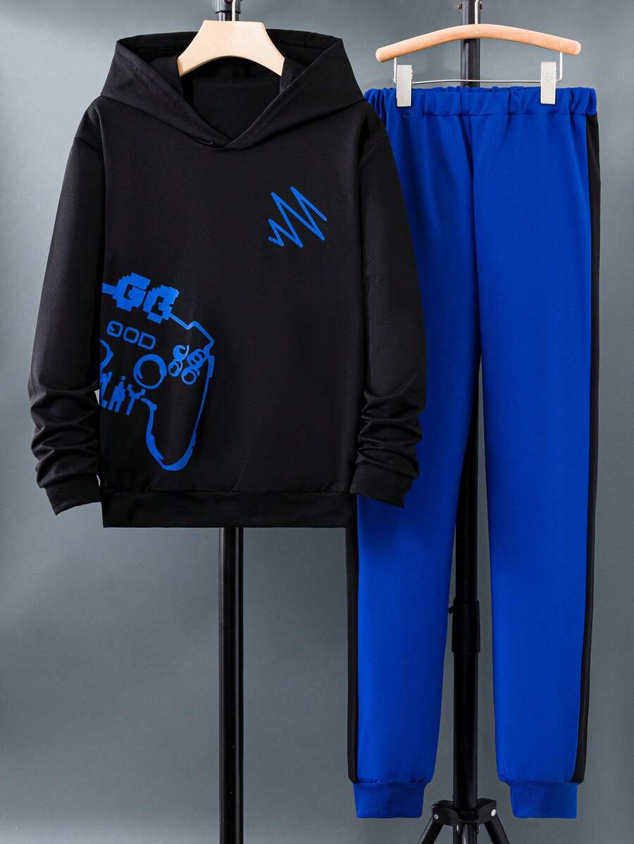 Teen Boys' Video Game Pattern Hooded Sweatshirt And Pants Set With Long Sleeve - Black - View 1