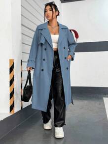 Flirla Plus Size Women's Casual Double Breasted Trench Coat With Suit Collar, Lapels, Side Pockets And Waist Belt - Dusty Blue - View 6