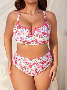 Swim Mod Plus Size Women's Floral Pattern Notched Neck Bikini Set Summer Beach - Multicolor - View 1