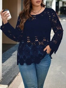 Calvaya Women's Plus Size Lace Round Neck Casual Shirt - Navy Blue - View 4