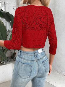 SHEIN LUNE Cắt vỏ sò Mở Mặt trước Mùa vụ Ren Áo khoác - Màu Đỏ Sâu - Xem 2