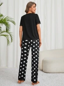 Women's Heart & Slogan Printed Pajama Set - Black - View 2