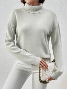 SHEIN LUNE 女士高领落肩针织套头衫秋冬毛衣 - 淺灰色 - 查看 4