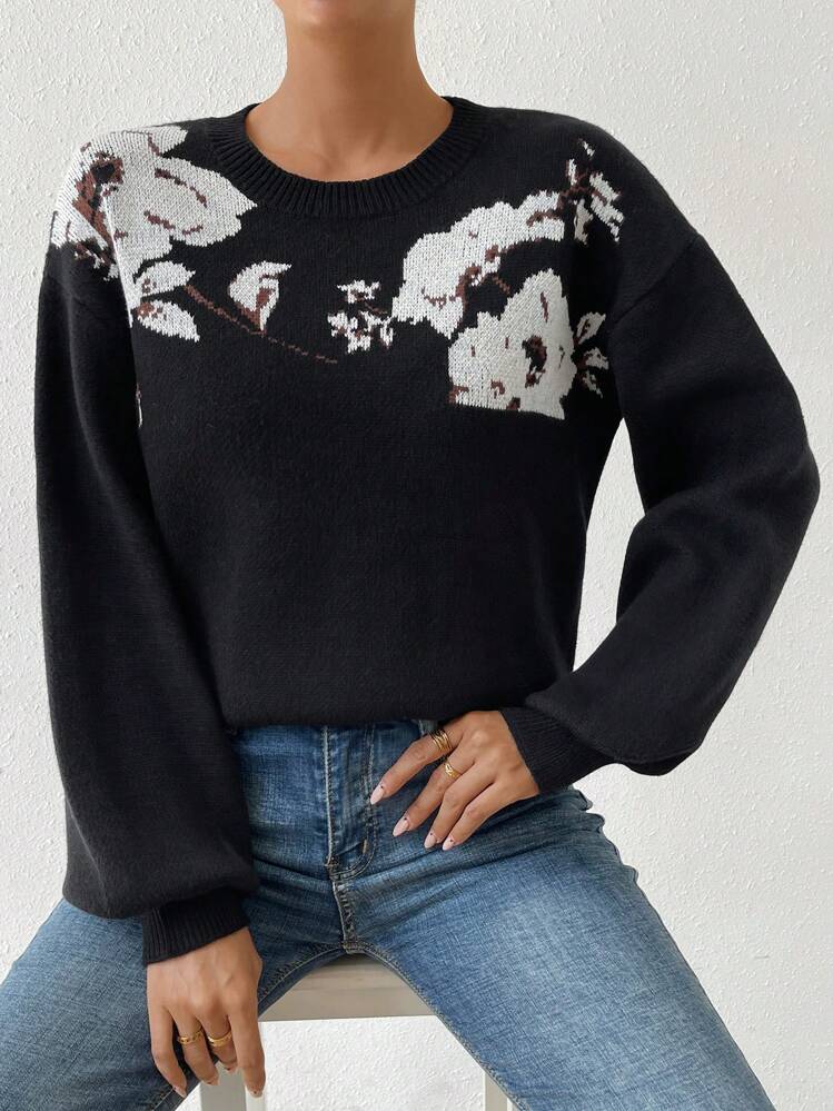 SHEIN LUNE Floral Pattern Drop Shoulder Knit Pullover Fall Winter Sweater - Multicolor - View 1