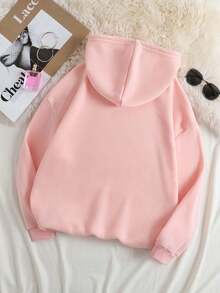 时尚地球图案印花连帽衫，秋冬女士休闲袋鼠口袋长袖抽绳连帽衫，秋冬休闲连帽衫，适合日常穿着 - 粉色 - 查看 3