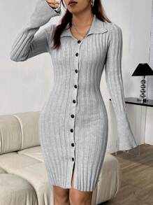 Flirla Women's Solid Color Button Front Ribbed Knit Sweater Dress - Grey - View 5