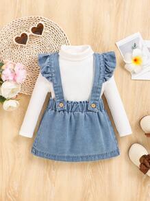 SHEIN Baby Girls' Denim Suspender Skirt With Ruffle Edge - Medium Wash - View 1