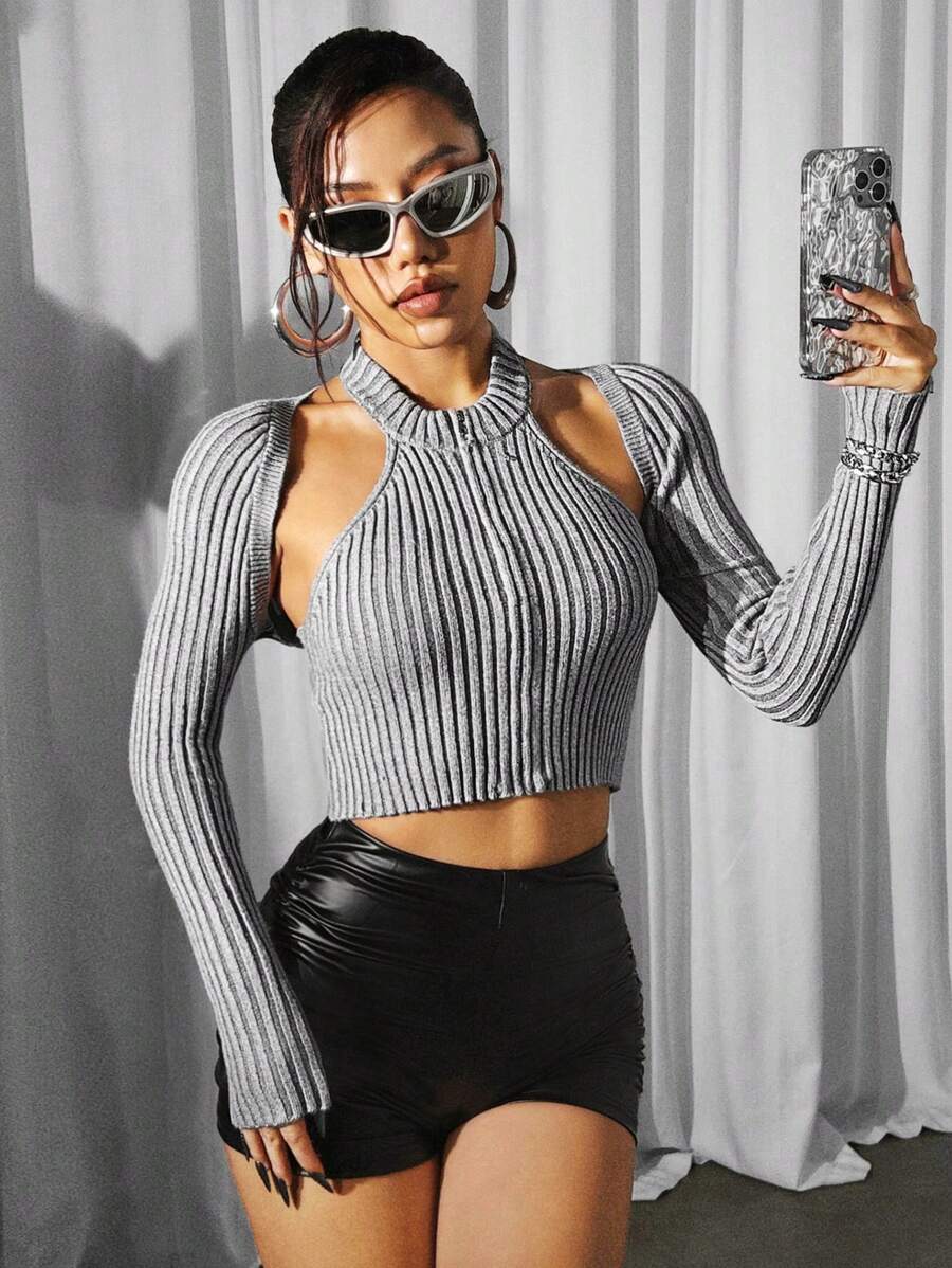 SHEIN ICON Thon gọn Dệt kim Áo hai dây & Áo len Mở Hai chiếc Bộ - Màu xám đen - Xem 1