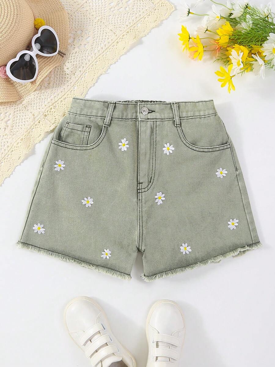 少女休閒基本款繡花破洞邊綠色牛仔短褲,附腳套 - 軍綠色 - 查看 1