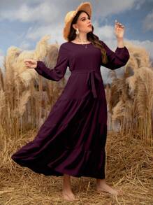 Mulvari 加大码纯色系带连衣裙长款女装 - 中紫紅色 - 查看 6