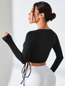 Easithlete Của phụ nữ Màu thuần Tay áo dài Rỗng Thể thao Áo thun - màu đen - Xem 2