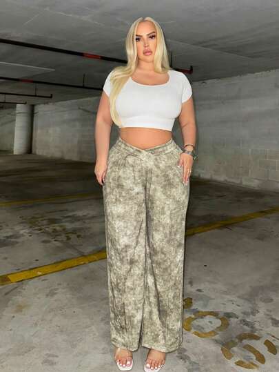 SHEIN SXY 女性大尺碼十字腰闊腳褲