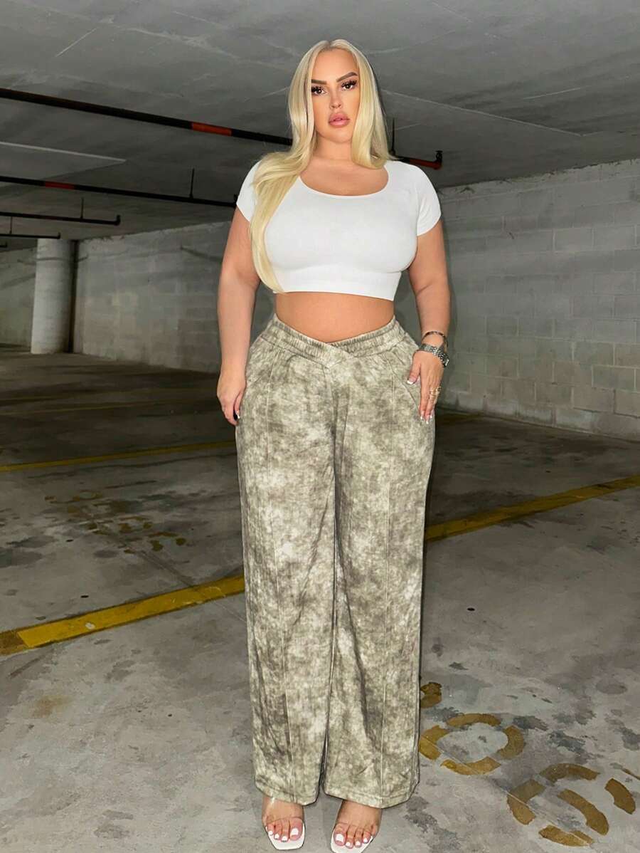 SHEIN SXY Women's Plus Size Cross Waist Wide-legged Culottes - Grey - View 1