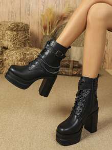 Botas cortas de mujeres de tacón alto con diseño de cadena impermeable plataforma moda - Negro - Ver 5