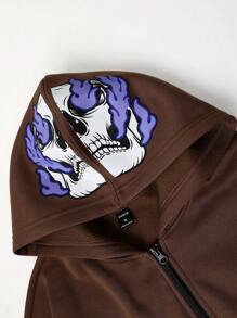Manfinity EMRG Loose Fit Men's Skull Head & Letter Print Hooded Fleece Zip-Up Hoodie - Coffee Brown - View 6