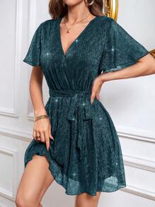 SHEIN Privé 裹領繫帶亮片連身裙 - 藍色 - 查看 1