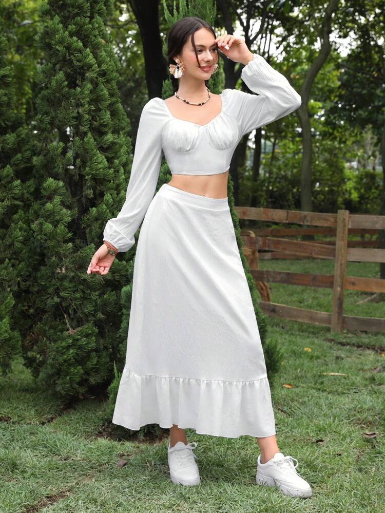 Women's Sweetheart Neck Balloon Sleeve Top And Ruffle Hem Skirt Two-piece Set