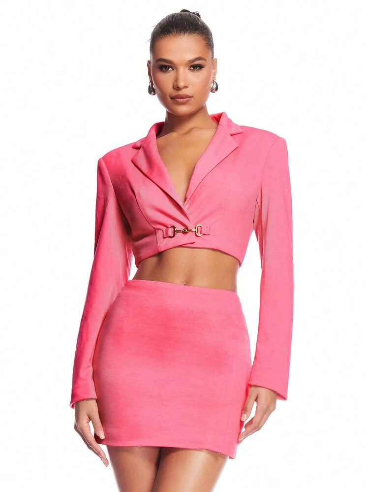 Pink Metal Buckle Truncated Avant-Garde Ins Style Sweet Blazer Slit Skirt Suit Suit