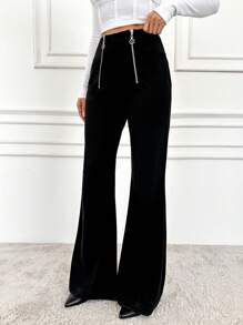 EURMUSE Ladies' Bell-bottom Trousers With Zipper Detail - Black - View 3