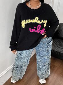 Flirla Pull ample en tricot avec imprimé lettres pour femmes grandes tailles, pull en tricot à épaules tombantes pour l'automne et l'hiver - Noir - Voir 7