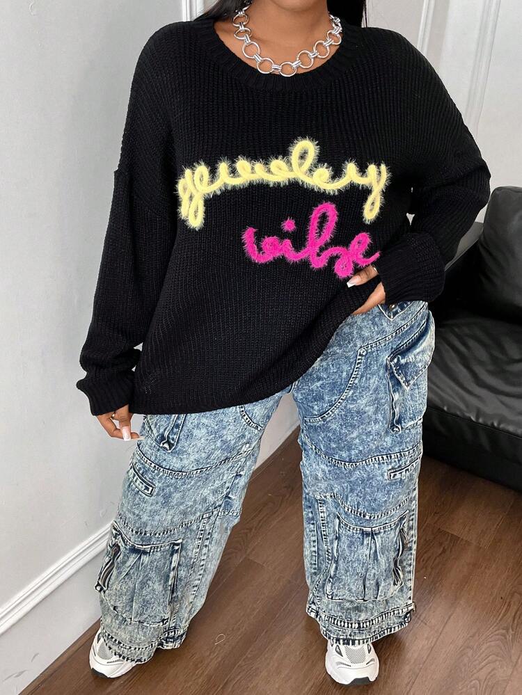 Women's Plus Size Loose Knit Sweater With Letter Print, Drop Shoulder Design Knit Pullover Fall Winter Sweater