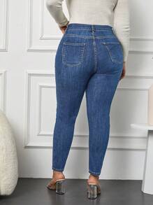 SHEIN Cottnline Vaqueros De Talle Alto Y Tallas Grandes De Corte Ajustado - Azul lavado medio - View 2