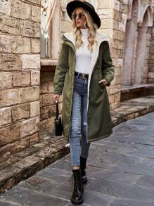 SHEIN LUNE 保暖内衬绿色腰部收紧加厚棉服外套衣服冬季 - 綠色 - 查看 4