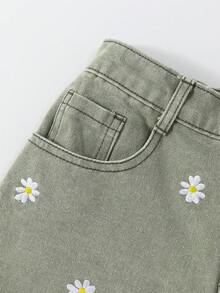 少女休閒基本款繡花破洞邊綠色牛仔短褲,附腳套 - 軍綠色 - 查看 6