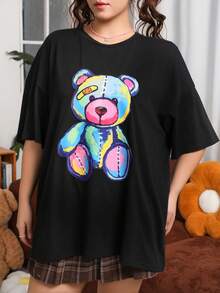 SHEIN EZwear Women'S Plus Size Cartoon Printed Drop Shoulder T-Shirt - Black - View 5