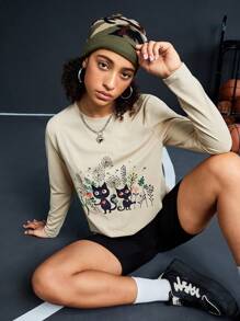 SHEIN Sports 卡通花印花運動t恤 - 駝色 - 查看 6