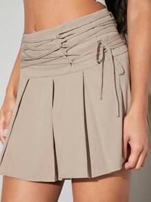 SHEIN BAE Của phụ nữ Chân Váy xếp ly Với Sự tréo nhau Buộc Chi tiết at Eo - Lạc đà - Xem 4