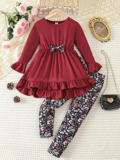 Elladie kids 少女蝴蝶結裝飾長袖上衣和花卉褲子套裝