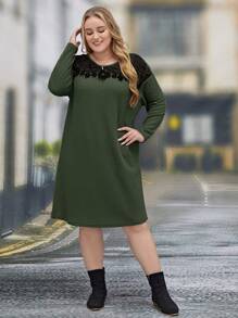 EMERY ROSE Plus Size Patchwork Lace Loose Casual Dress - Army Green - View 1