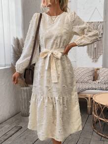 SHEIN LUNE 女士空心花朵燈籠袖裙 - 杏色 - 查看 5