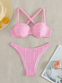 SHEIN Swim Summer Ladies' Texture Fabric Crossed Design Separates Suit - Pink - View 7