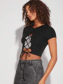 Hauture Mode effen kanten crop top met strik aan de voorkant