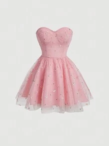 SHEIN MOD Women's Floral Embroidery Mesh Splicing Strapless Dress - Pink - View 1