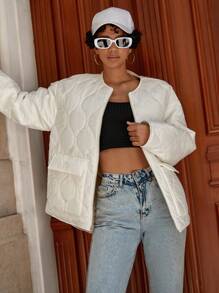 RueChic Flap Pocket Drop Shoulder Quilted Coat - White - View 1